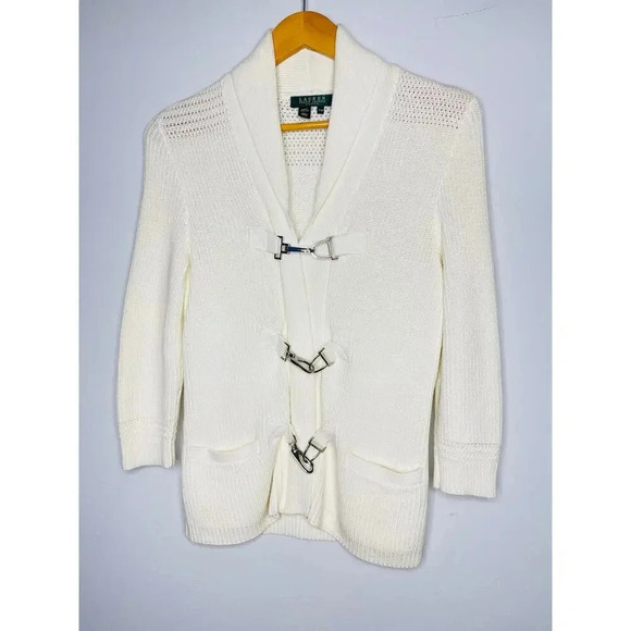 Lauren Ralph Lauren Cotton Shawl Collar Knit Sweater Cardigan size PM White - Picture 7 of 10